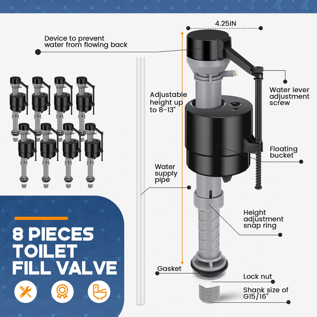 Lasnten 8 Pcs Toilet Fill Valve Toilet Replacement Kit, Black