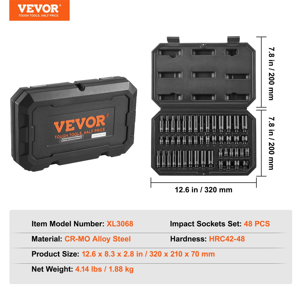VEVOR CR-MO Impact Socket Set 1/4" Drive, SAE 3/16"-9/16", Metric 4-15mm