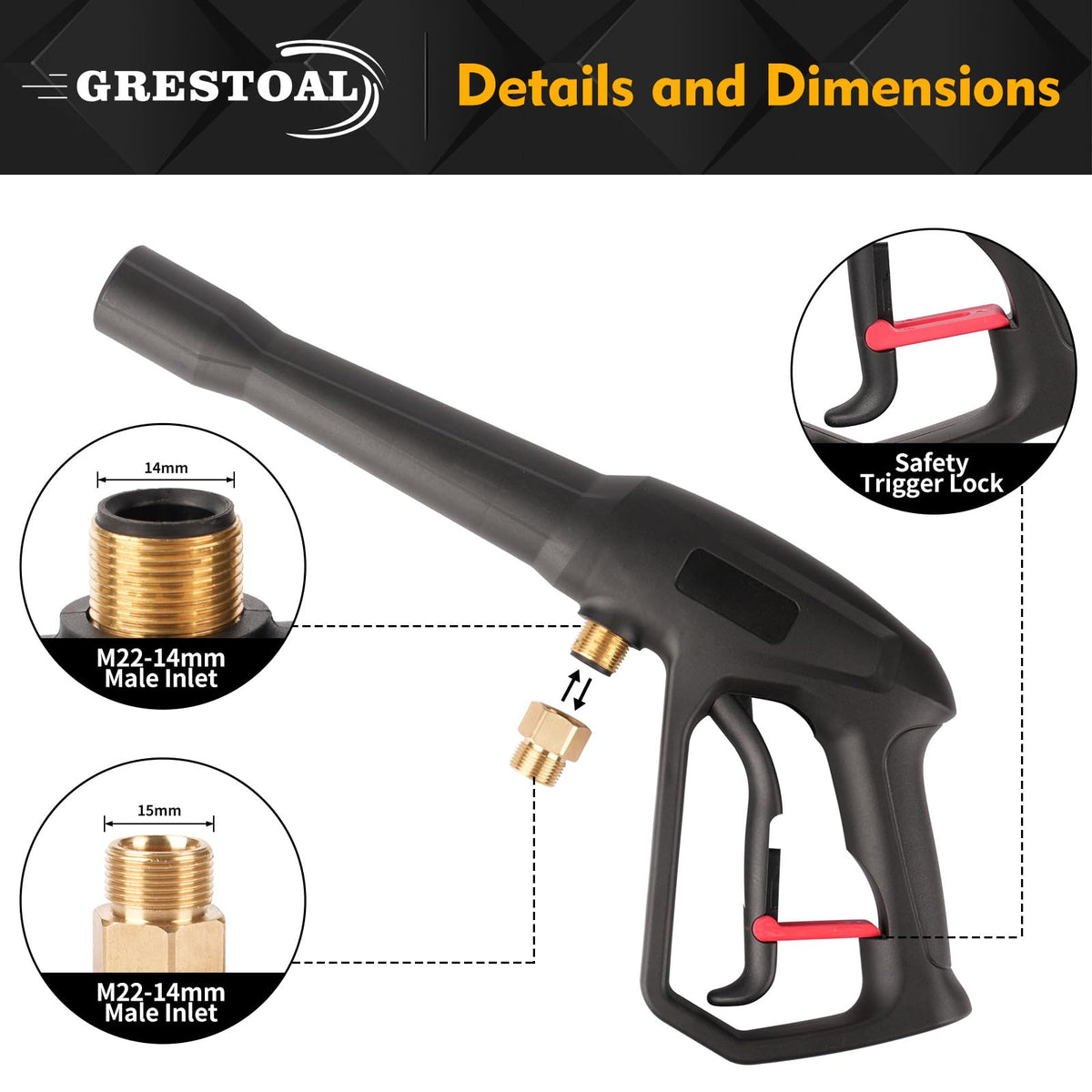 GRESTOAL Pressure Washer Gun with Replacement Extension Wand, 5 Spray Nozzle Tips, Pressure Washer Parts Compatible with Karcher, Ryobi, Greenworks, Powerstroke Electric Power Washer, 2000 PSI