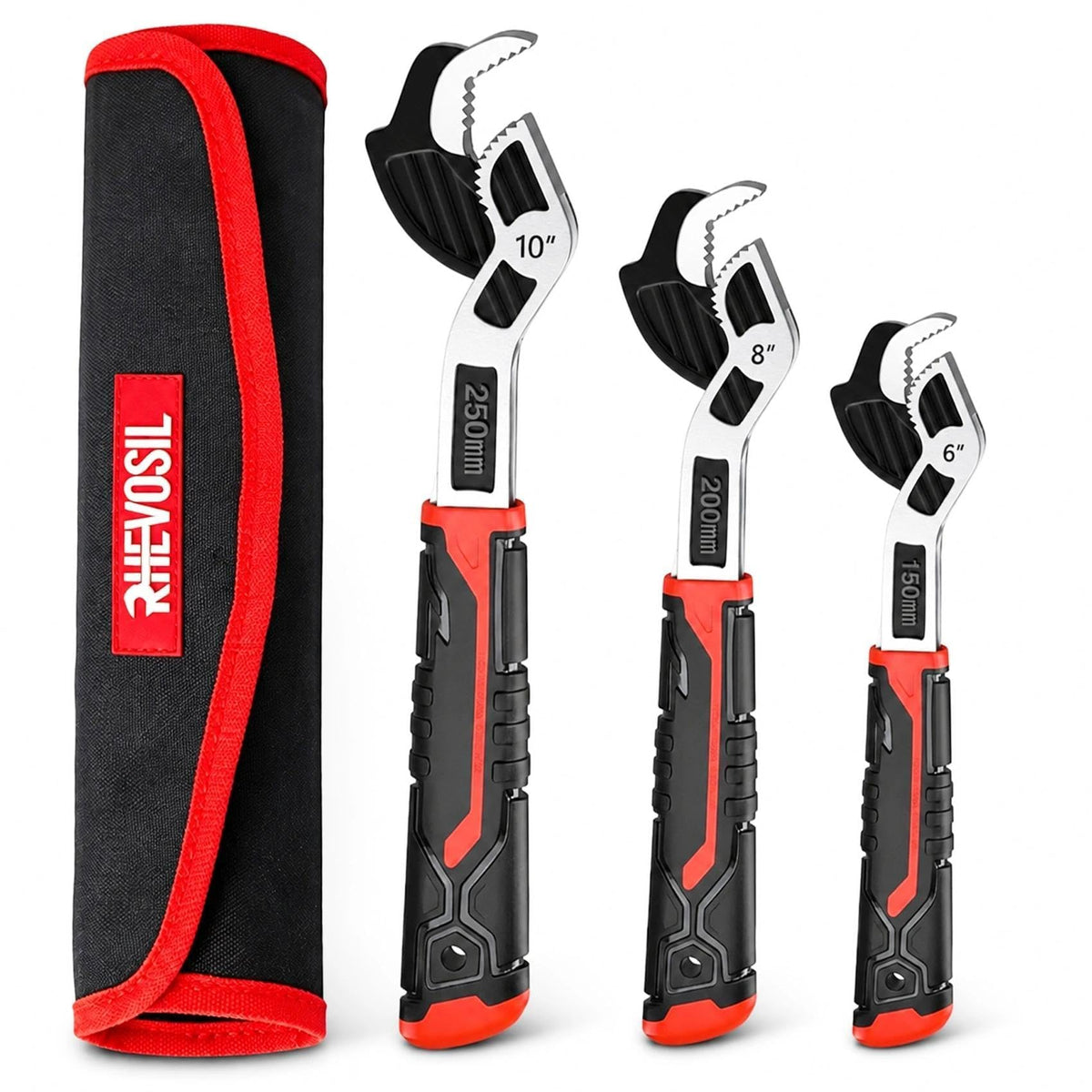 3 Pack Self-Adjusting Pipe Wrench Set, 6”, 8”, 10” With Storage Bag