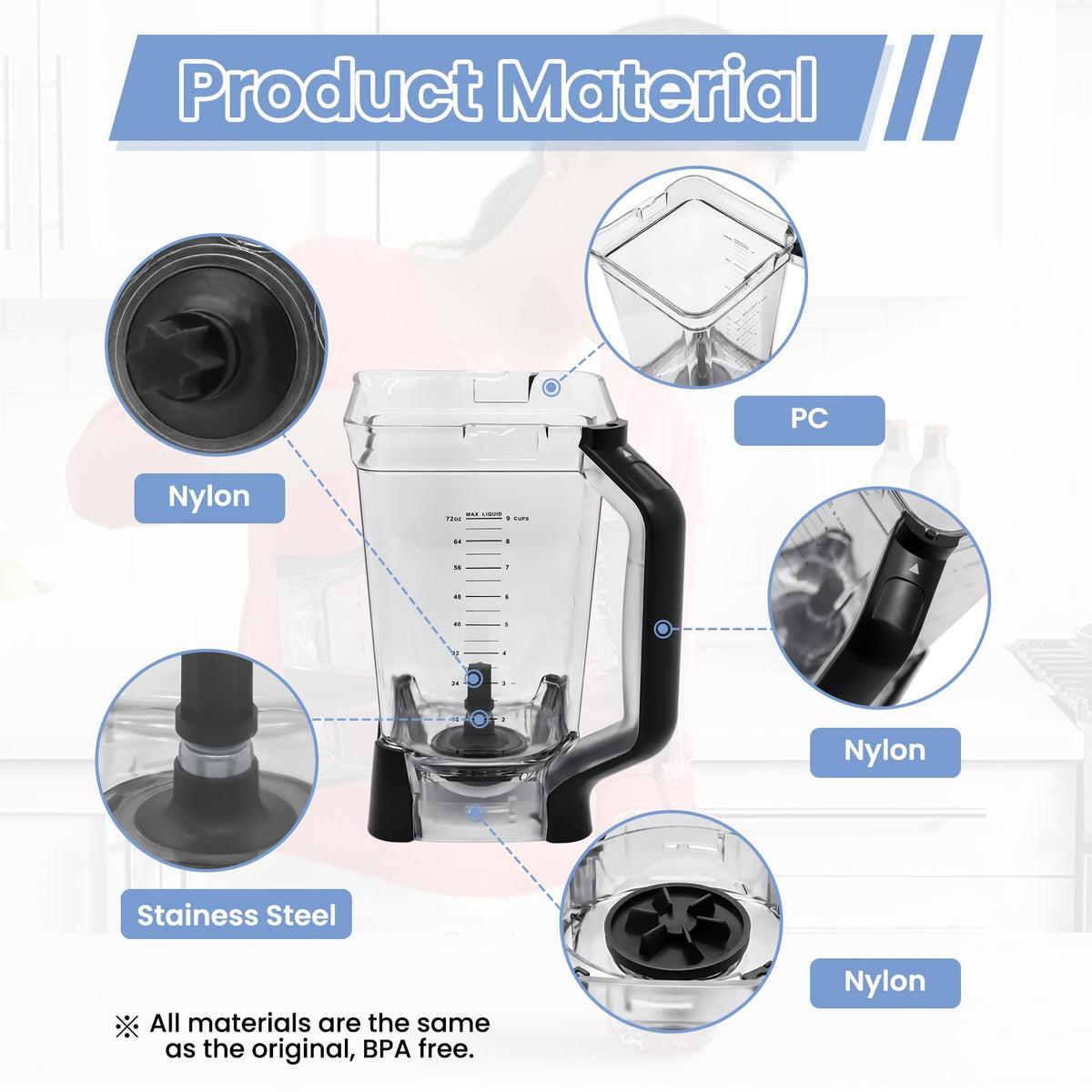 WARDFYT Replacement Pitcher 72 oz XL Compatible with Ninja Blender (New Model) BL610, 72oz Crushing Pitchers Replacement for Ninja BL710WM BL710WMC CO610B CO650B CT610