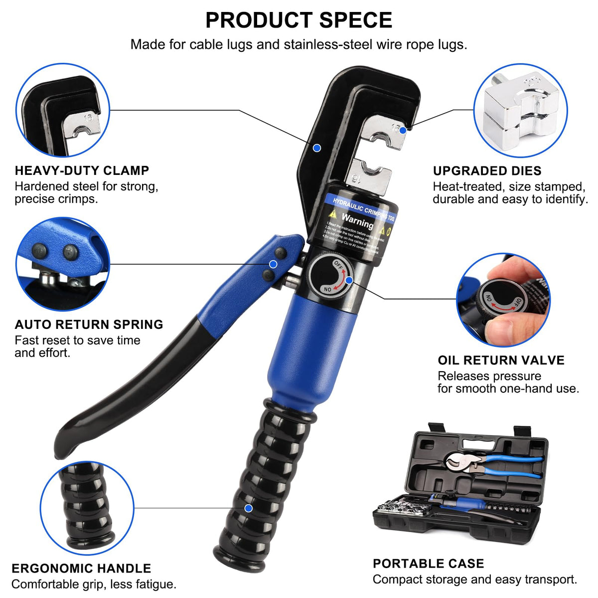 Solsop Hydraulic Crimping Tool 10 Ton with 9 Hex-Dies, 12–2/0 AWG