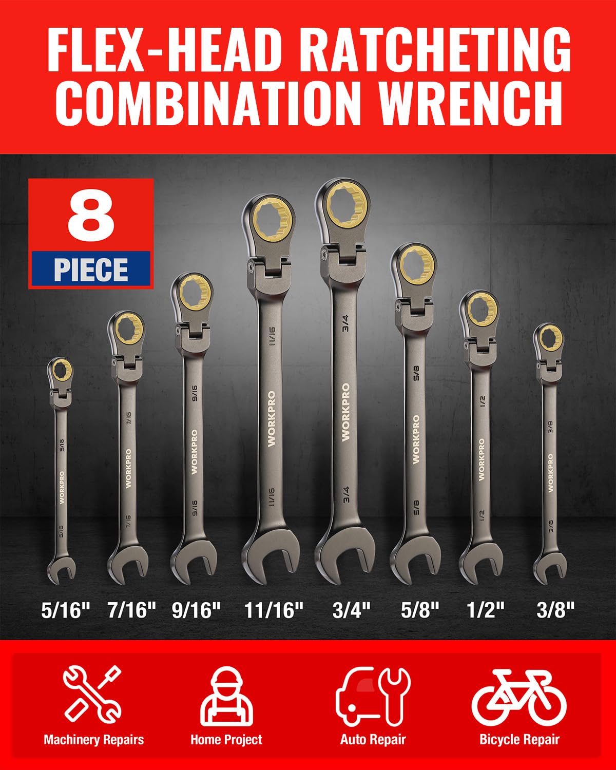 WORKPRO 8-piece Ratcheting Combination Wrench Set, SAE & Nickel Plating