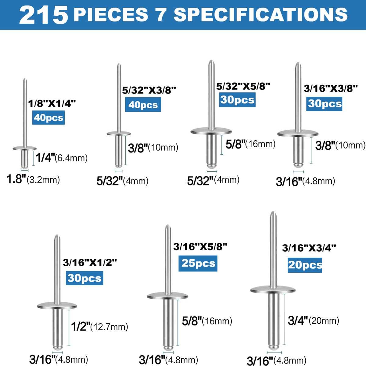 LAZIRO215PCS Pop Rivets Assortment Kit, Large Flange Aluminum Rivets(1/8" 5/32" 3/16") Assorted Blind Rivets with Case(Silver) (Rivets Assortment Kit)