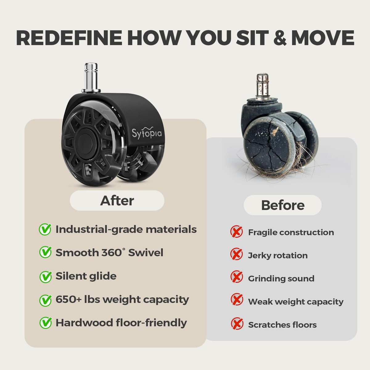 Sytopia Office Chair Wheels Replacement, 2.5 Inch Tandem Design Heavy Duty Casters for Carpet and Hardwood Floors, Universal 11x22mm Stem Fits 99% of Chairs, 700 lbs Capacity