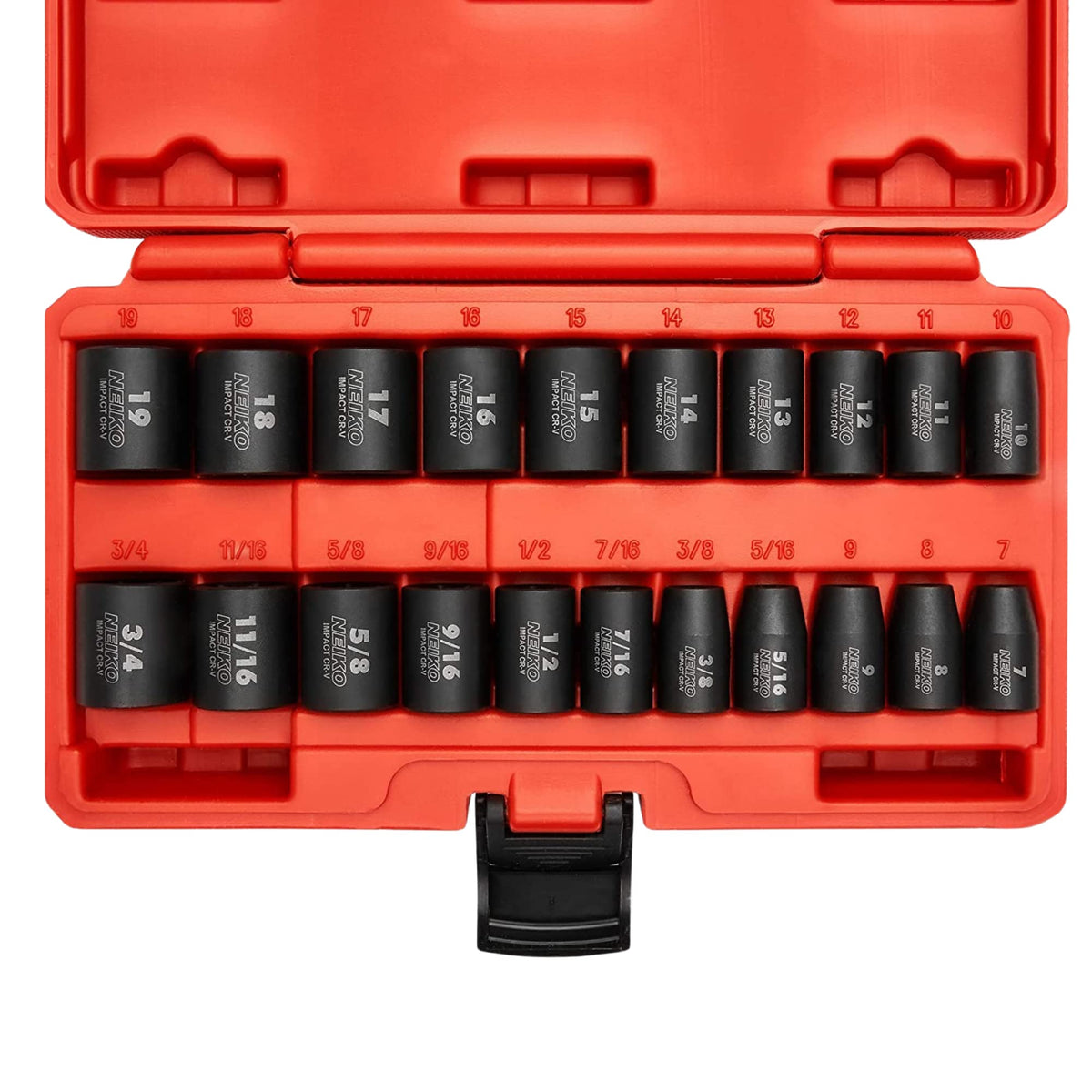 NEIKO 02432A 3/8” Drive SAE and Metric Impact Socket Set, 21 Shallow Pieces, SAE 5/16” to 3/4”, 7mm to 19mm, Premium Cr-V Steel, 6-Point Hex Design, Corrosion Resistant Coating