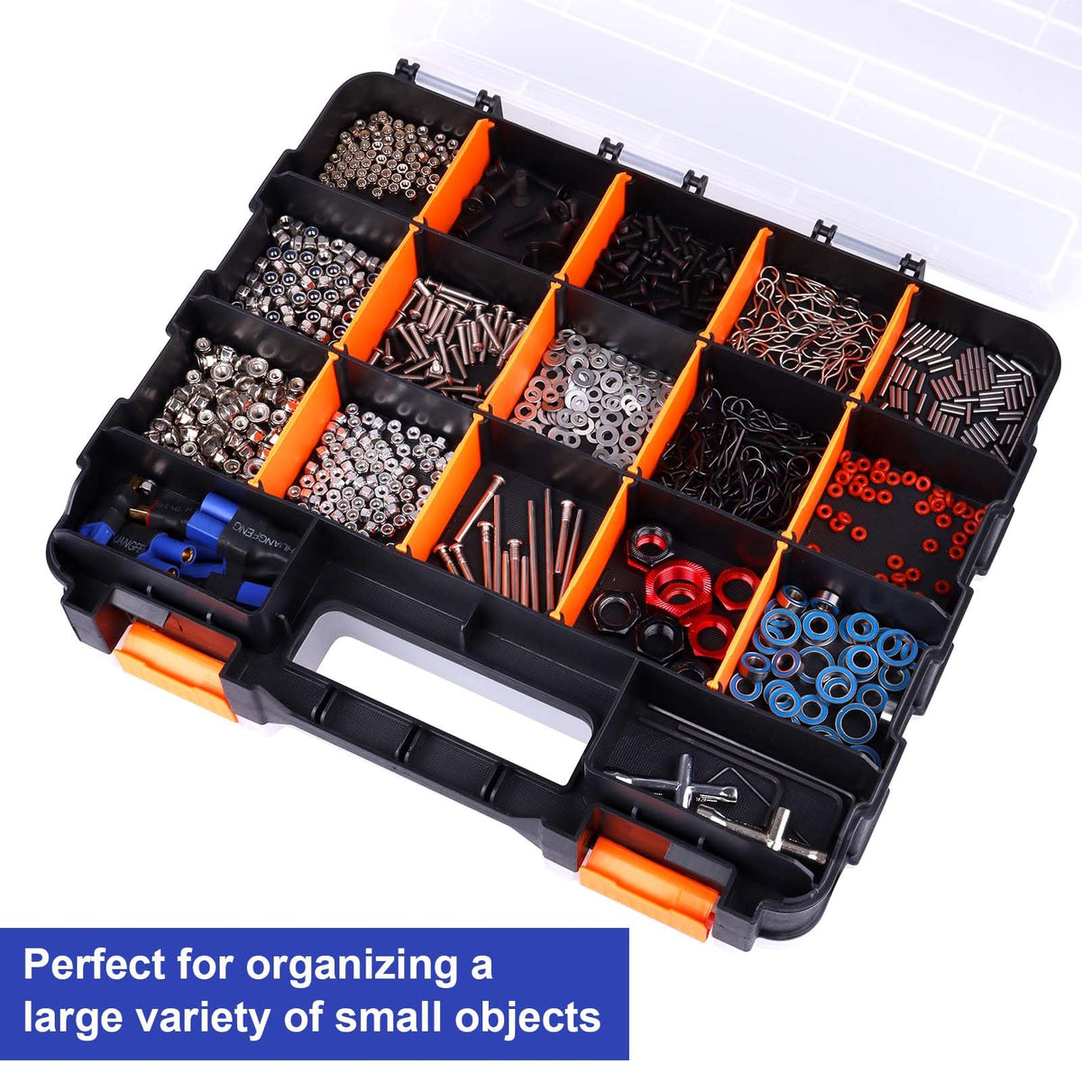 AllinRC Small Parts Organizer Double Sided Parts Organizer with Removable Dividers 34-Compartments Storage Bins for Hardware, Screws, Nuts, Bolts, Washers, Nails, Fasteners, Tools
