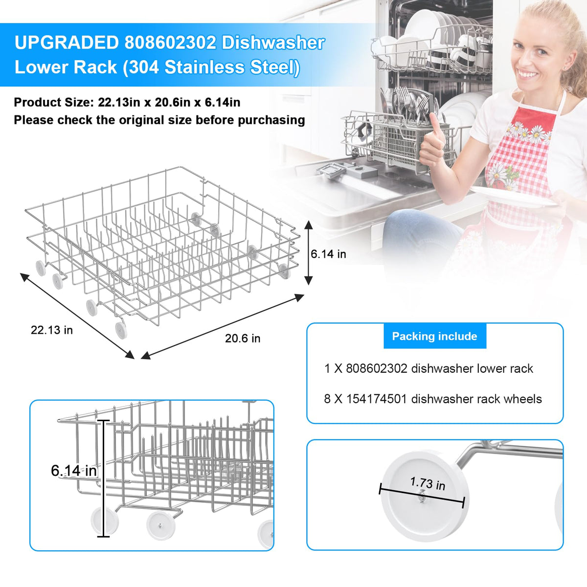 UPGRADED 808602302 Dishwasher Lower Dishrack for Frigidaire Kenmore Dishwasher Rack Replacement Parts with Wheel,808602302 154432602 Frigidaire Dishwasher Rack Parts 304 Stainless Steel Bottom Rack
