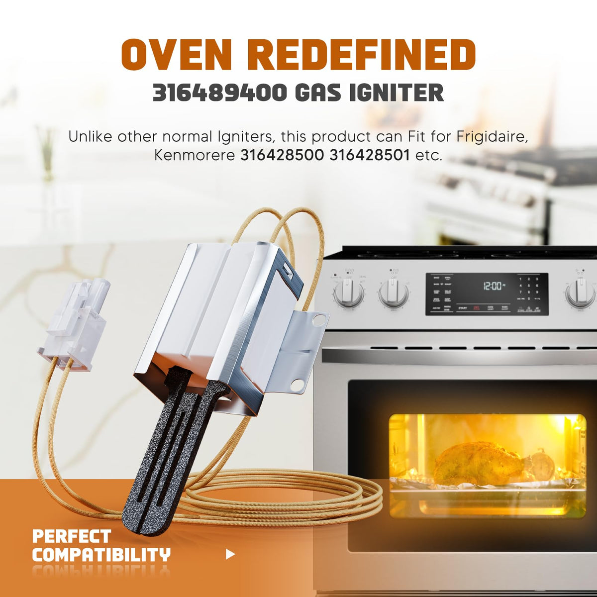 [Upgrades] 316489400 igniter, Fit for Frigi-daire gas oven igniter Ken-more placement 316428500, 316428501, 5304462661, 7316489400, 1197384, AP3963540, PS1528534, EAP1528534 Flat Style Igniter