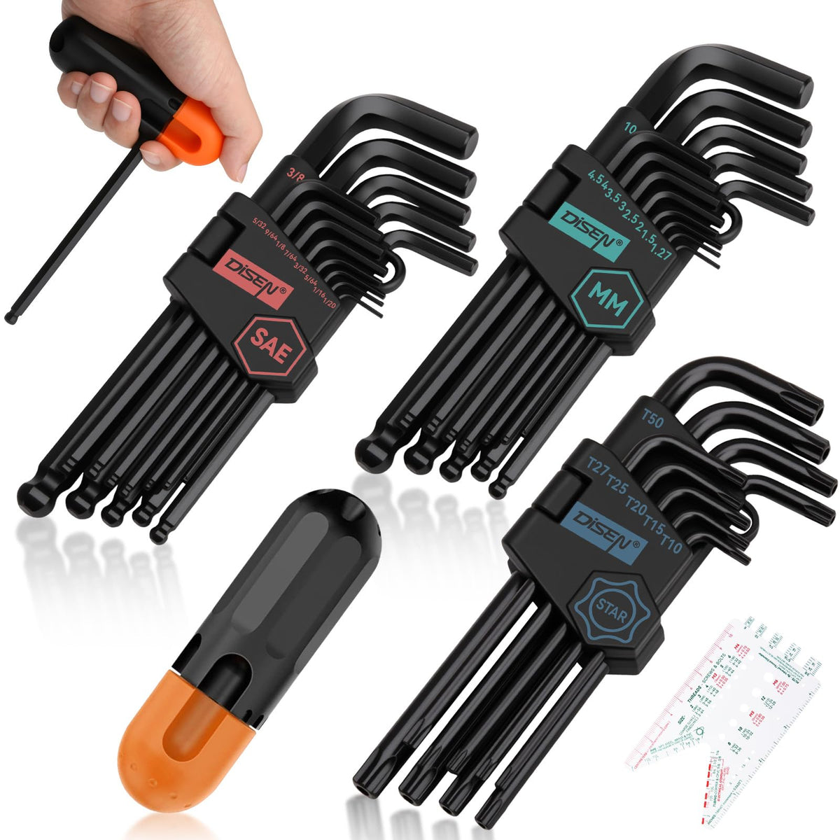 DISEN 36PC Allen Wrench Set, SAE & Metric Hex Key Set Torx Star Key Set, Long Arm Ball Head Design with T-Handle, Heat Treated Chrome Vanadium Steel