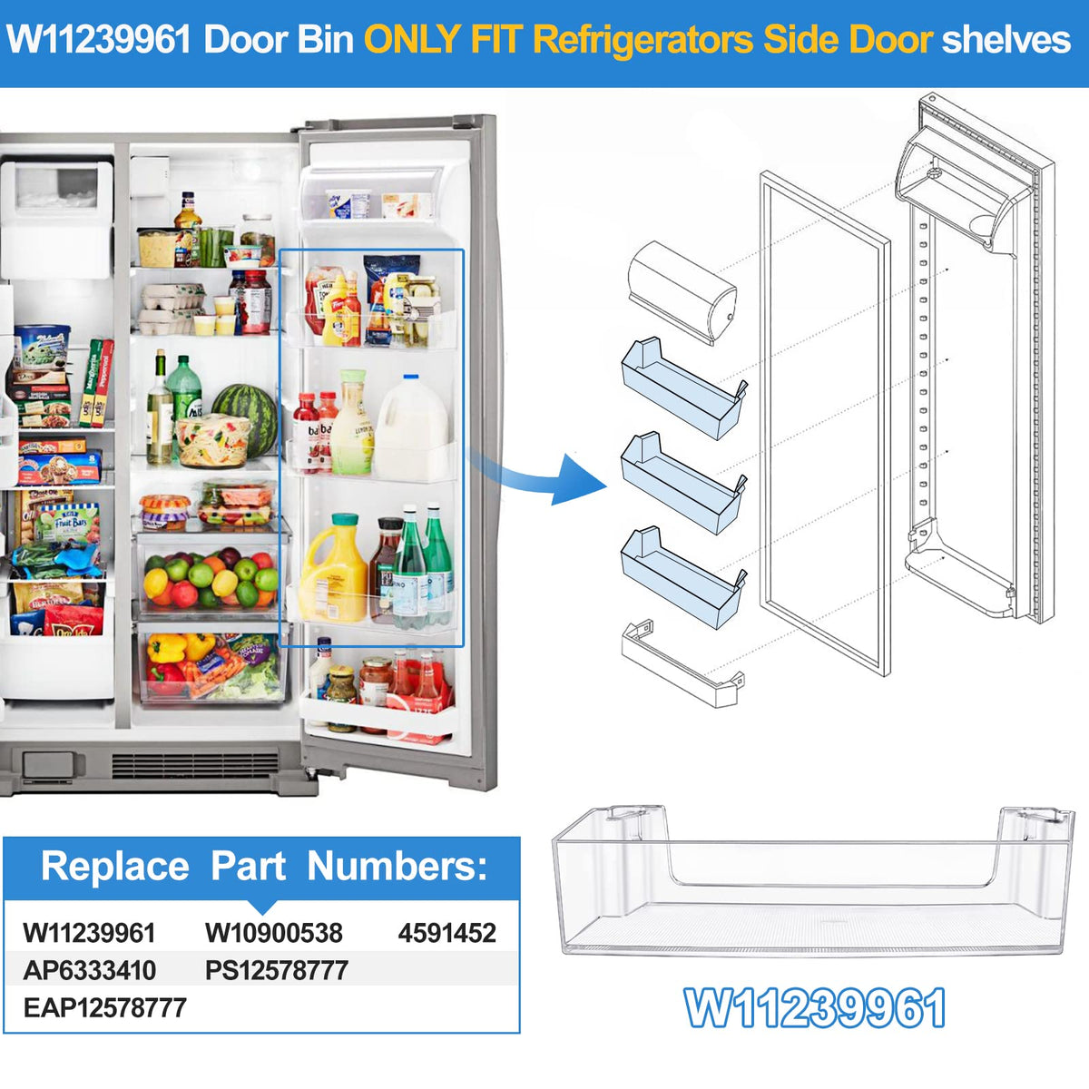 [2 PACK] UPGRADED W11239961 W10900538 Refrigerator Door Shelf Bin Compatible with Whirlpool Refrigerator Door Shelf Parts PS12578777 AP6333410 WRS315SDHZ08 WRS321SDHZ08 WRS315SDHM WRS325SDHZ Door Bin