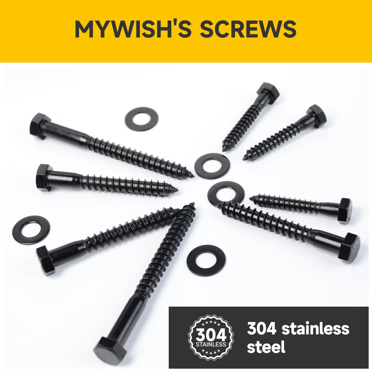Mywish 128Pcs 1/4 Hex Head Lag Screws Assortment Kit, External Heavy Duty Lag Bolts with Flat Washers, 304 Stainless Steel Wood Screws 18-8, Black Oxided 1/4 Bolts for Outdoor