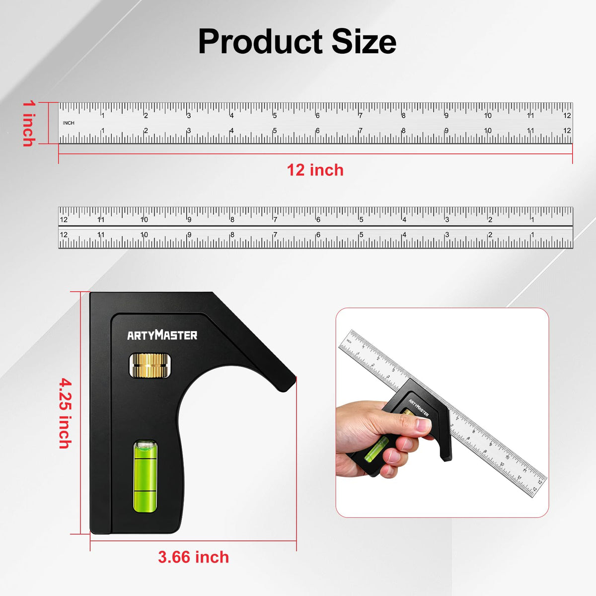 ArtyMaster 12'' Combination Square Adjustable Stainless Steel Layout Tool