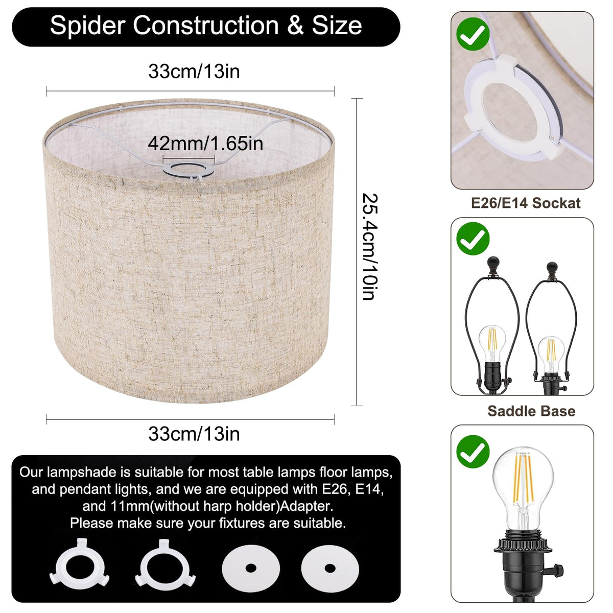 Beige Lamp Shade, Large Drum Lampshade 13''Top X 13'' Bottom X 10'' High, Replacement Lamp Shade Natural Linen Hand Crafted for Table Lamps Floor Lamps Chandelier Lamp, Easy Assembly Required