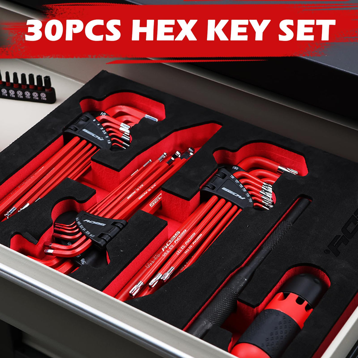 SEDY 30-Piece Long Arm Ball End L-Hex & Torx Key Set with Grip Handle, Ultimate Hex Key Wrench Set with T-Handle and Extension Bars, SAE 1/16" to 3/8", Metric 1.5mm to 10mm, Torx T10 to T50