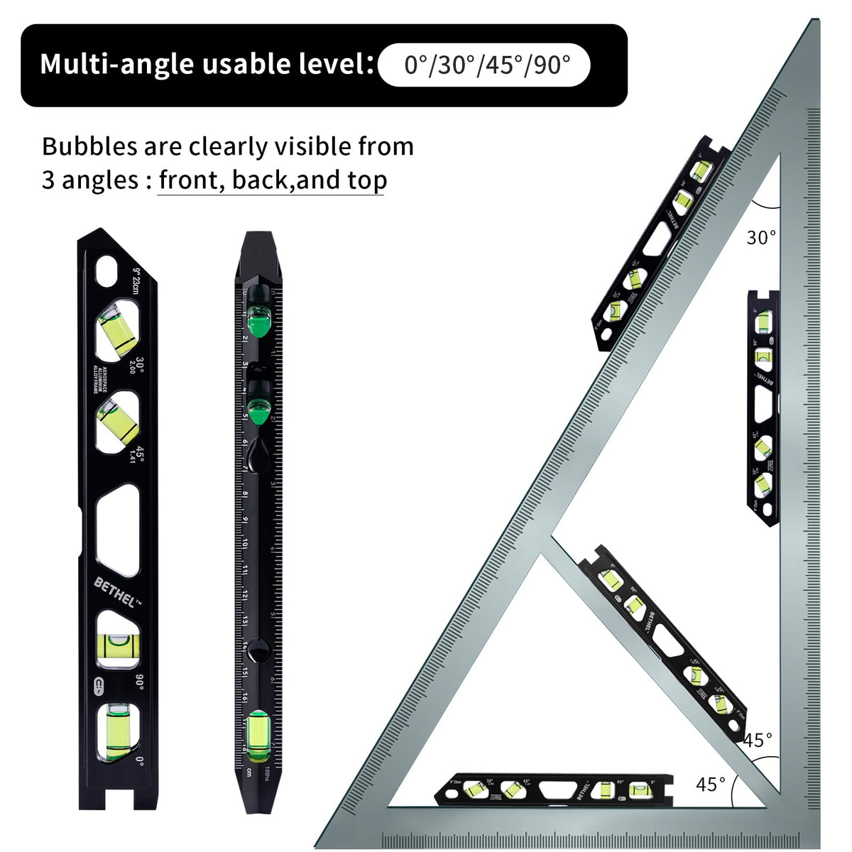 BETHEL 9 Inch Magnetic Torpedo Level with 4 Bubble Vials, V-Groove & Magnetic Rails, Black Aluminum Alloy Construction