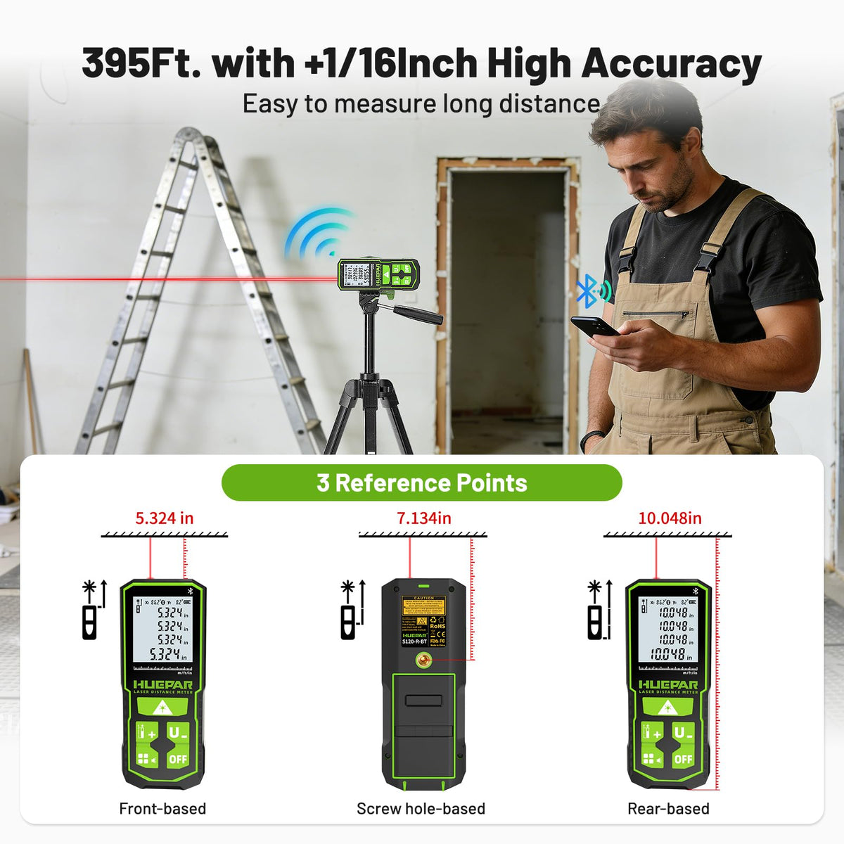 Laser Distance Measure 395 Feet with 60 Inch Tripod, Huepar Laser Distance Meter with Bluetooth & APP, Angle Sensor, 1/16in Accuracy Rechargeable Laser Measuring Tool, M/in/Ft Unit, Pythagorean Mode