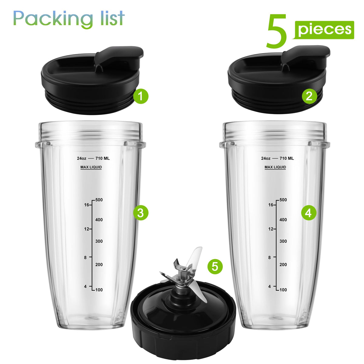 MEET JUICE 7-Fin Blender Replacement Parts for Ninja BL480 BL640 BL642 – 24oz Cup with Lid and Blade, Fits 7-Fin Drive Systems Only