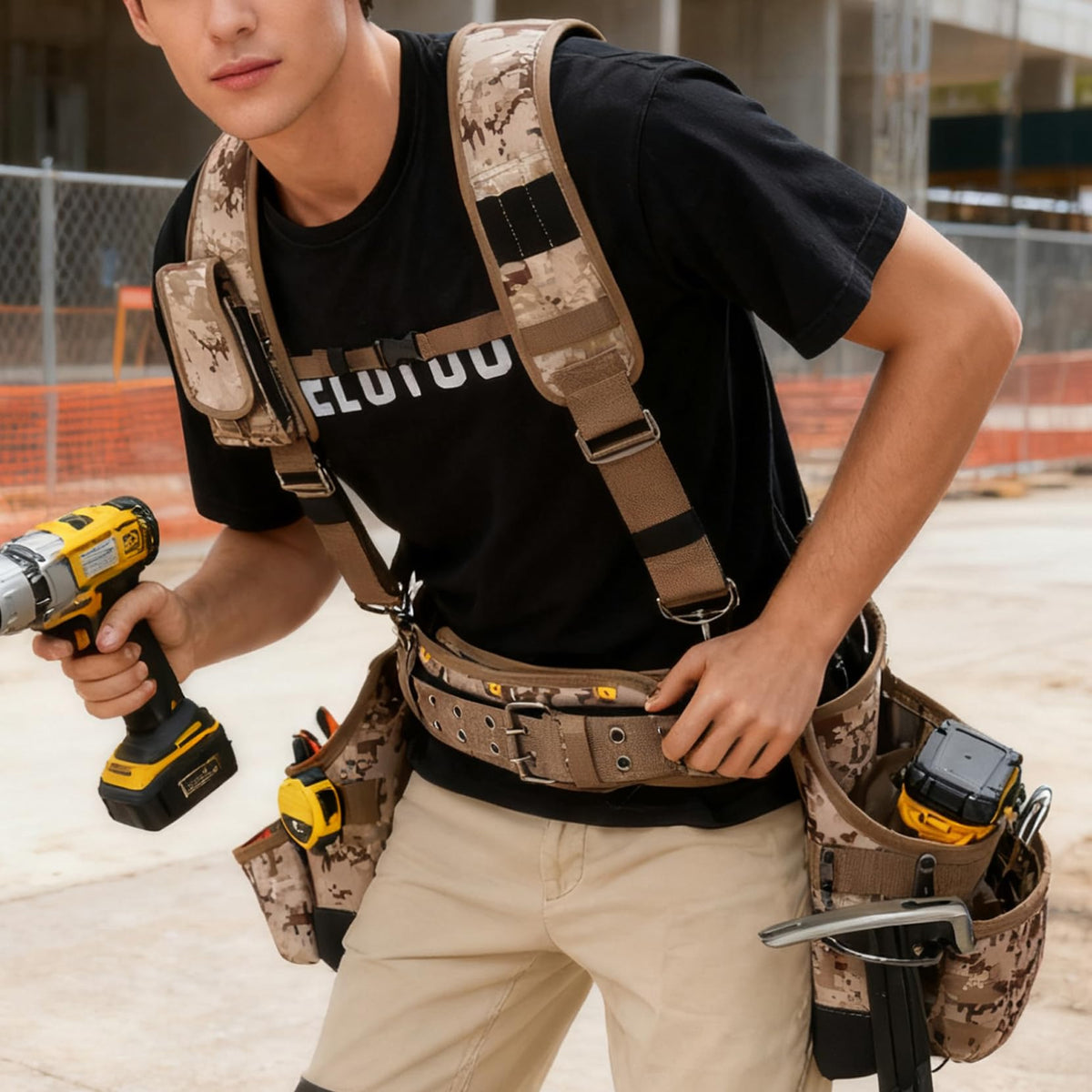 MELOTOUGH Camo Tool Belt with Suspenders Camouflage Tool Pouch Supenders Framers Combo Apron Tool Belt Construction Tool Bag Suspenders Heavy Duty Carpenter Suspension Rig for Electrician(Kahki Camo)