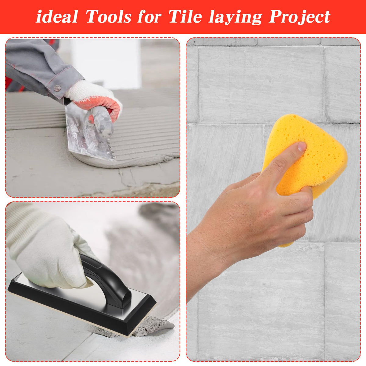 6 Pcs Tile Trowel Tools Set Include 3 Pcs Stainless Steel Square Notch Trowel, 1 Rubber Grout Float and 2 Grout Sponge for Masonry Tiling Tools and Flooring Installation