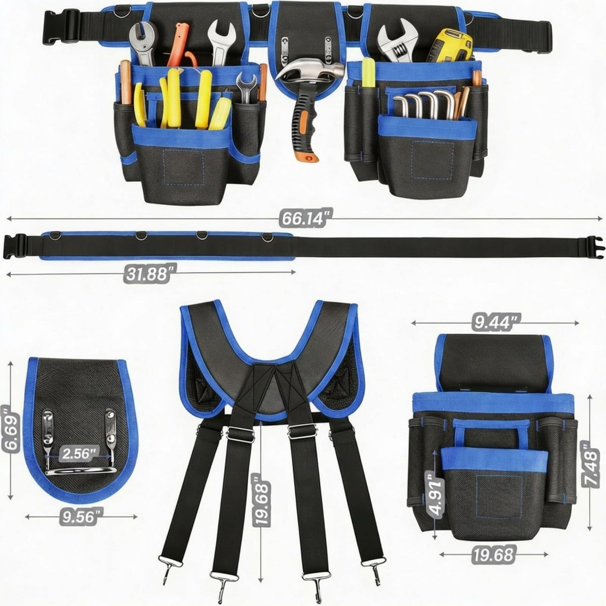 Magnetic Tool Belt, Heavy Duty Tool Pouch for men Magnet Holster Nail Utility Toolbelt Adjustable Waist Holder for Handyman Contractor (26 pockets with suspenders) (Blue)