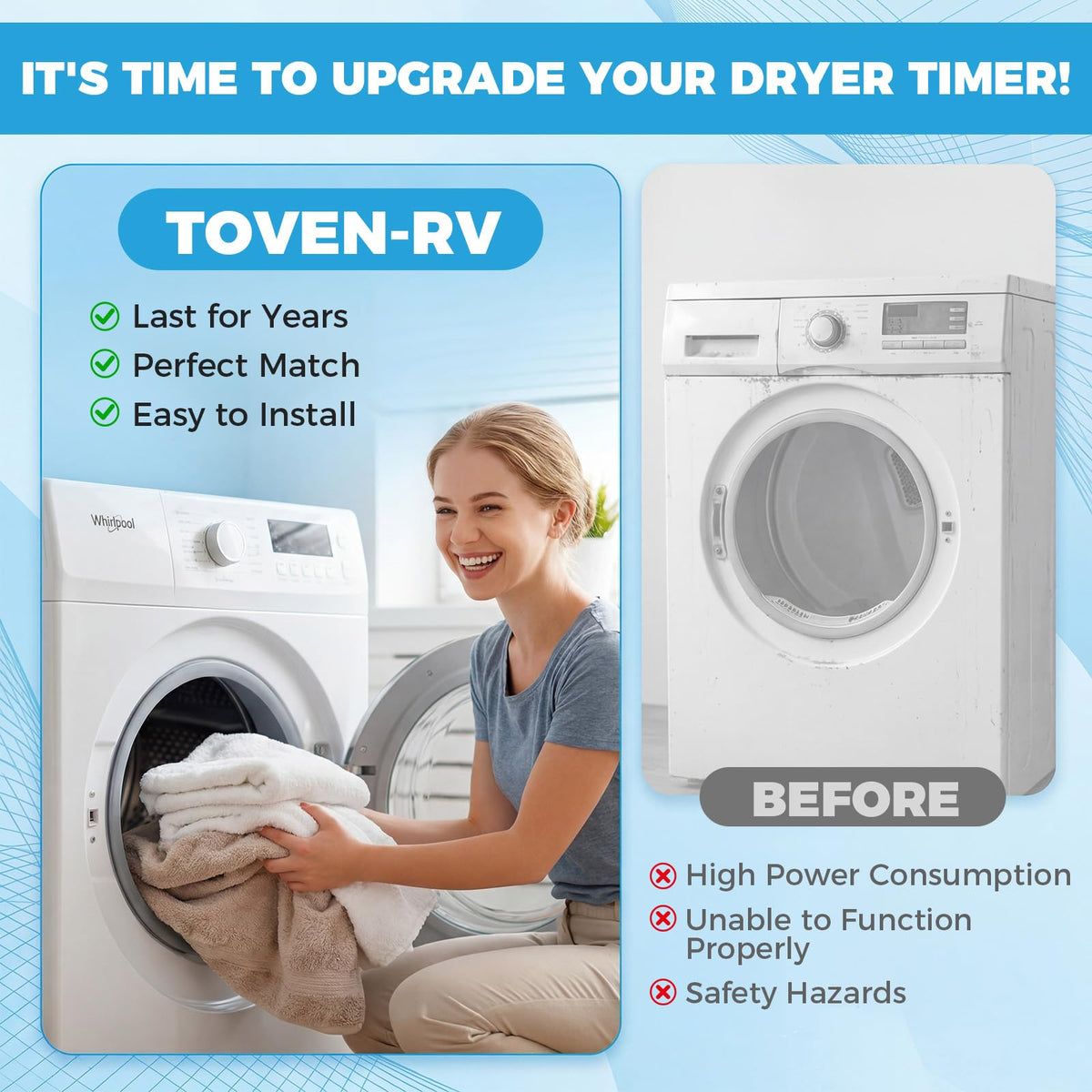 W10185982 WPW10185982 Dryer Timer Replacement, 230V 60Hz, 2-Year Warranty