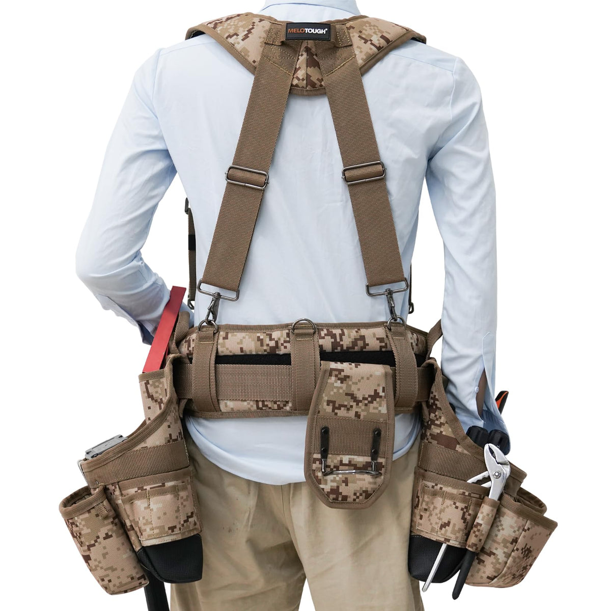 MELOTOUGH Camo Tool Belt with Suspenders Camouflage Tool Pouch Supenders Framers Combo Apron Tool Belt Construction Tool Bag Suspenders Heavy Duty Carpenter Suspension Rig for Electrician(Kahki Camo)