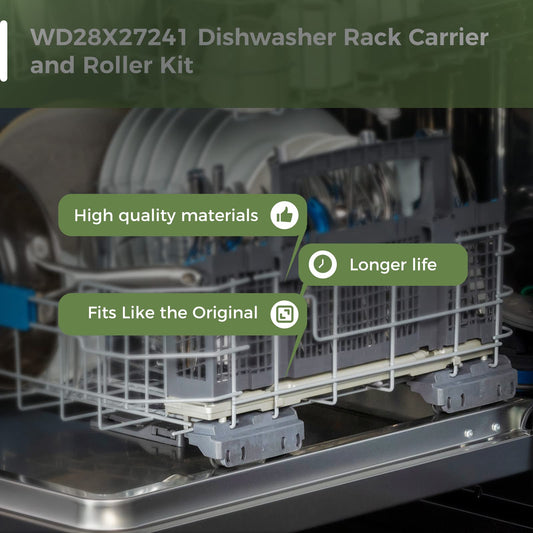 WD28X27241 Dishwasher Rack Carrier and Roller Kit Compatible GE Dishwasher Lower Rack Wheels Assembly, Fits L and R Side. Exact Fit Replaces WD12X28078 WD12X10438 WD12X10439 WD12X10446 1PCS