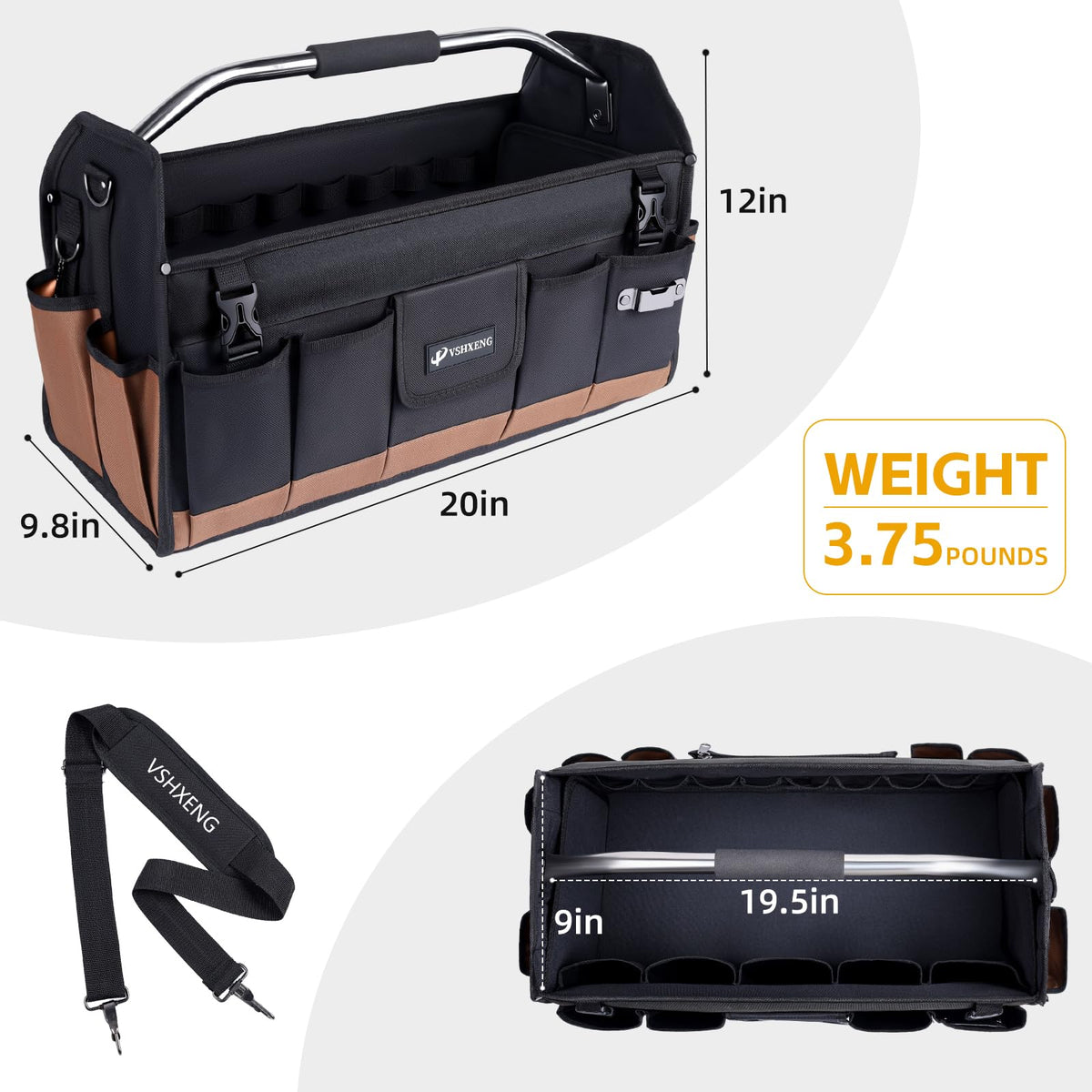 VSHXENG 20 Inch Tool Bag, Foldable 19 Pockets Tool Tote Bags with Tool Organizer with Adjustable Shoulder Strap, Easy Carry and Easy Tool Access Open Top Tool Bag