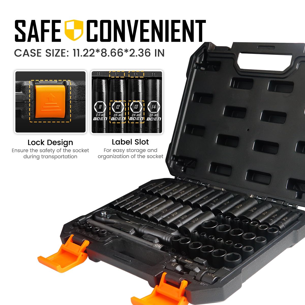 BOEN 1/4" Drive Impact Socket Set, 60-Piece Standard SAE (5/32"-9/16") & Metric (4-15mm), Cr-Mo Deep & Shallow Kit, Includes Ratchet Handle,E-torx sockets, Reducer, Extension Bar, Universal Joint