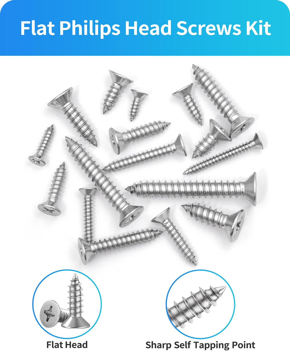 DIVANC 550Pcs 304 Stainless Steel Wood Screws Assortment Kit, Phillips Flat Head Sheet Metal Screw Self Tapping Screws Set, #4#6#8#10#12 Wood Assorted Screws, Length 1/4" to 1-1/2" (Flat Head 550PCS)