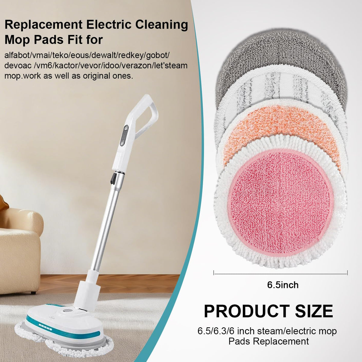 Spin Cordless Electric Mop Pads: 6.5/6.3/6 inch steam/Electric mop Pads Replacement for alfabot/teko/eous/vm6/devoac/kactor/redkey/gobot mop - Round Scrubber Pads for Floor Cleaning 8 Pack