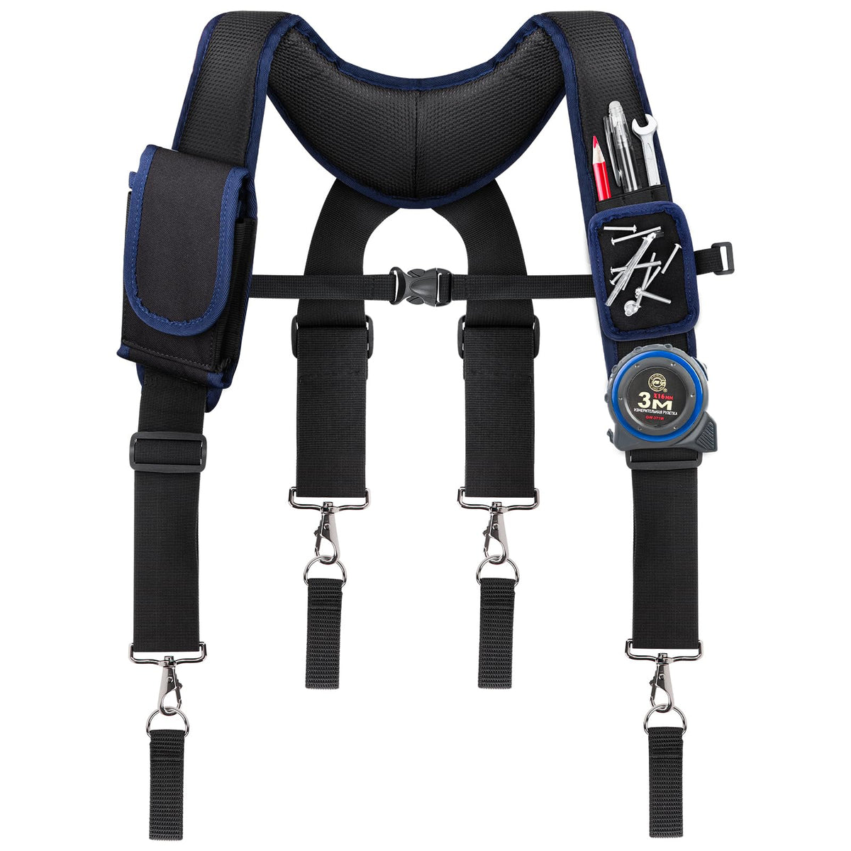 UMYLOV Tool Belt Suspenders for Men, Adjustable Padded Carpenter Tool Belt with Magnetic WristBand Multifunctional Pouch Pocket for Construction Workers (Black)