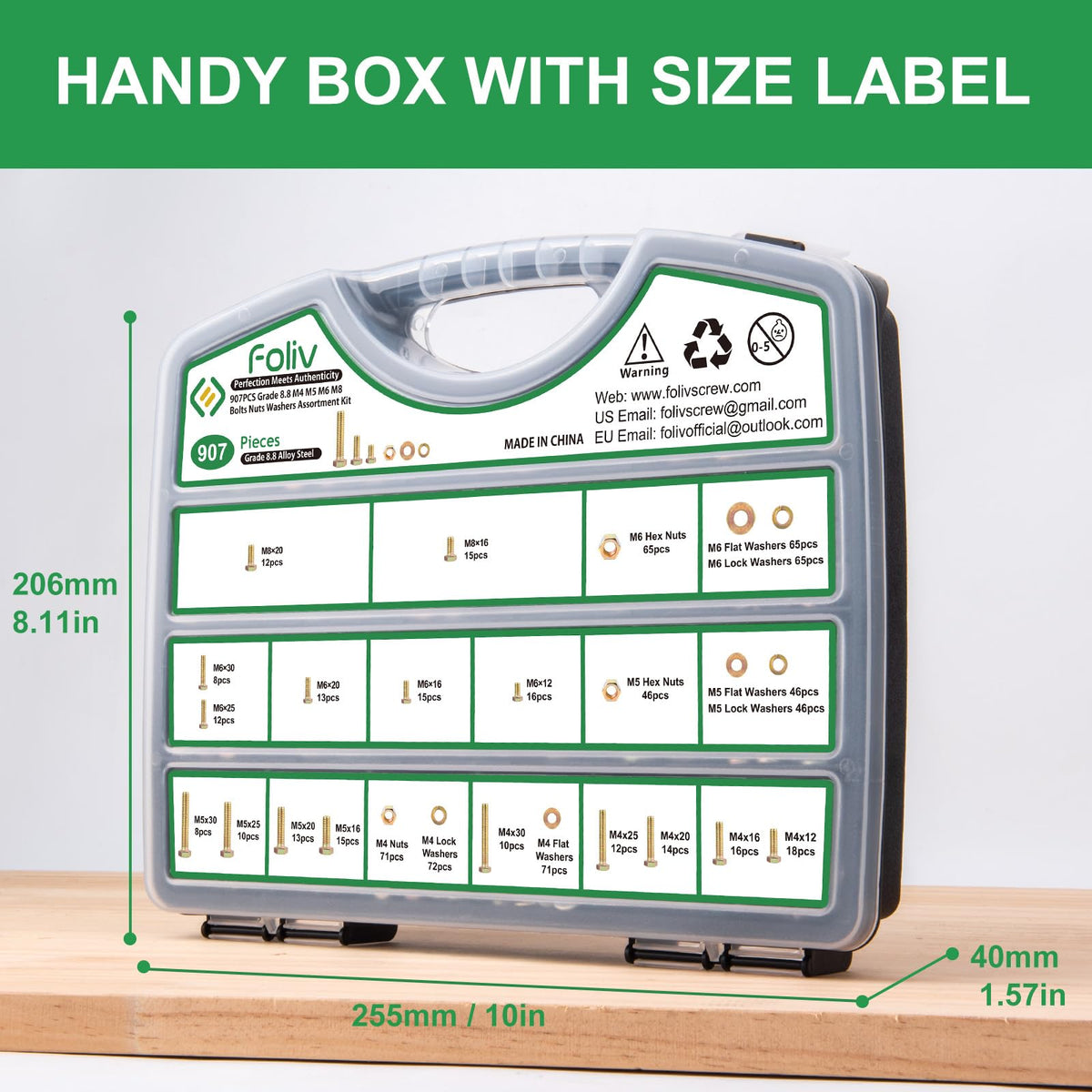 FOLIV 907pcs Grade 8.8 Metric Bolt Assortment