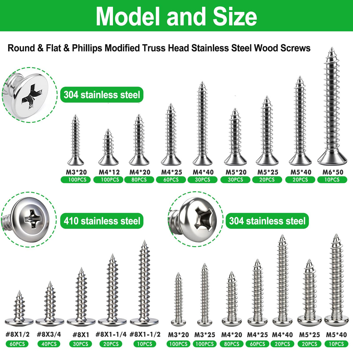 YTSyljlxx 1000PCS Wood Screws Assortment Kit,#8/M3/M4/M5/M6 Assorted 304 Stainless Steel Marine Grade Screws,Pan & Flat & Phillips Truss Head Assorted Screws(1/2" to 2" Length)