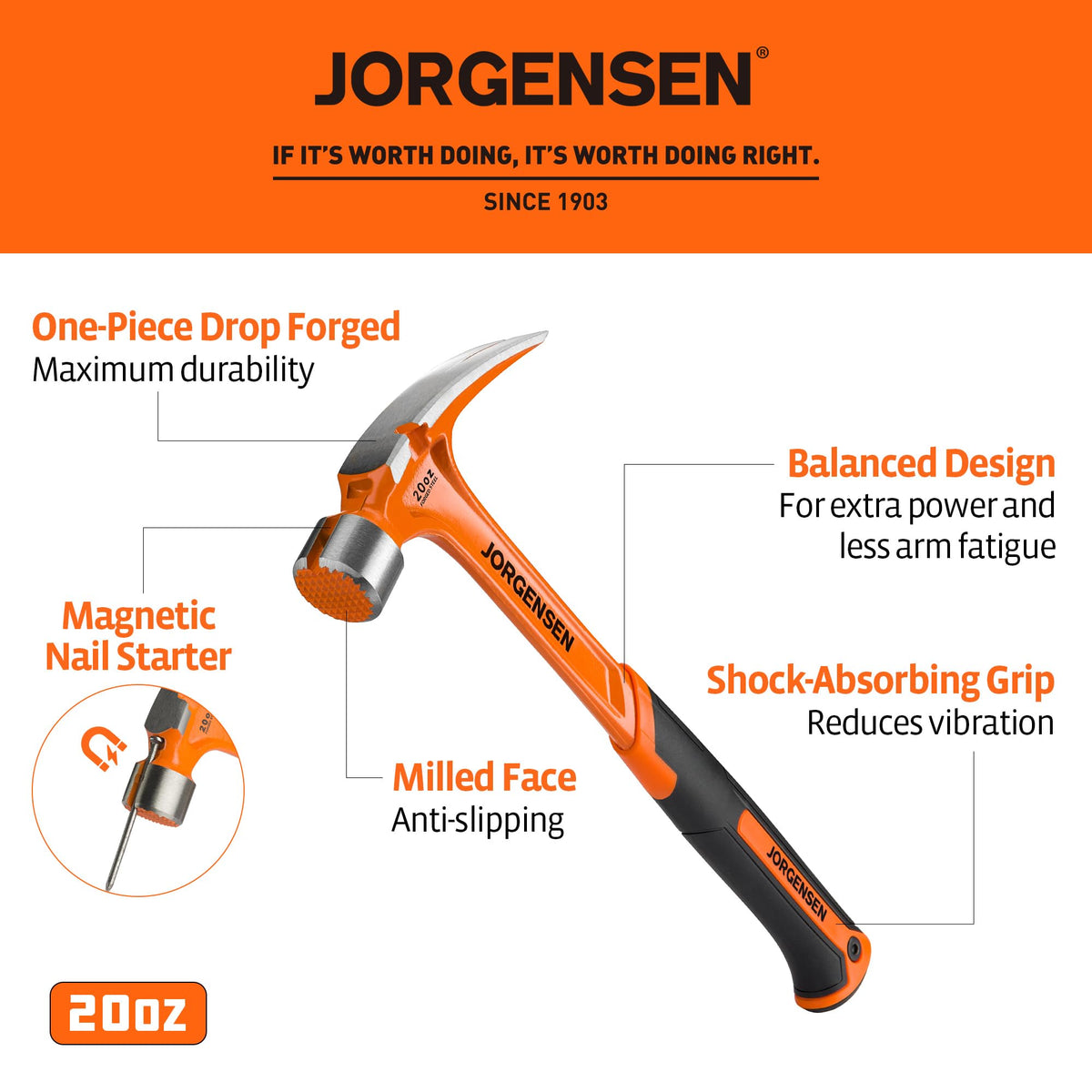 JORGENSEN 20 oz One-piece Forged Rip Claw Hammer with Magnetic Nail Holder