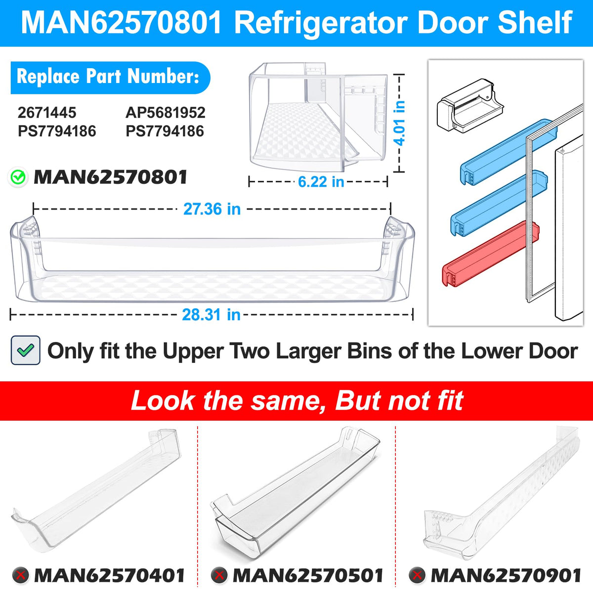 [2 PACK]UPGRADED MAN62570801 Refrigerator Door Bin