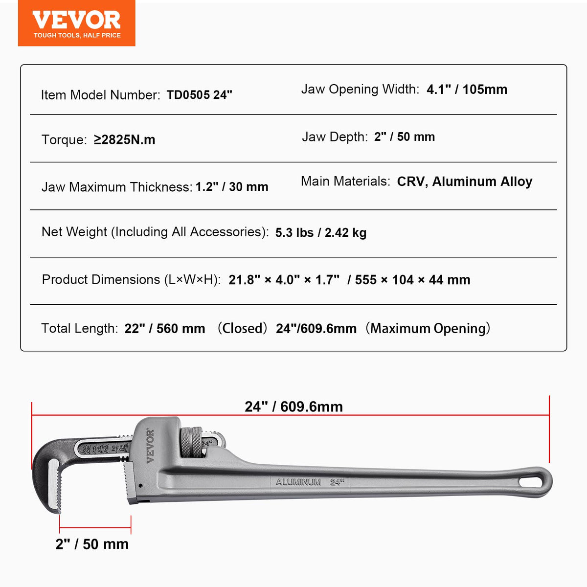 VEVOR Pipe Wrench, 24" Aluminum Straight Pipe Wrench, Adjustable Plumbing Wrench, with High Strength Jaw and Ergonomic Handle, Easy to Carry, Hangable Design, for Water Pipes, Automotive Repairs