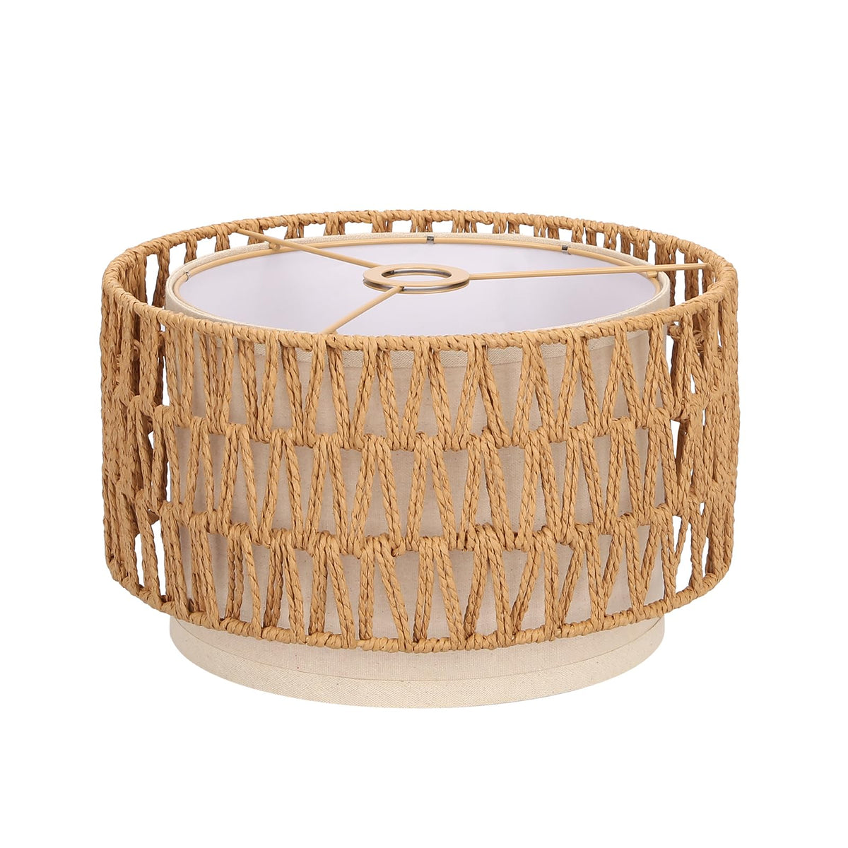 Boho Rattan Lamp Shade, 12.6" Top x 12.6" Bottom x 7.68" High, Natural Rattan & Linen Double Layer Lamp Shades for Floor Lamps Table Lamps Chandelier, UNO Fitter Lampshade Replacement, Easy Assembly