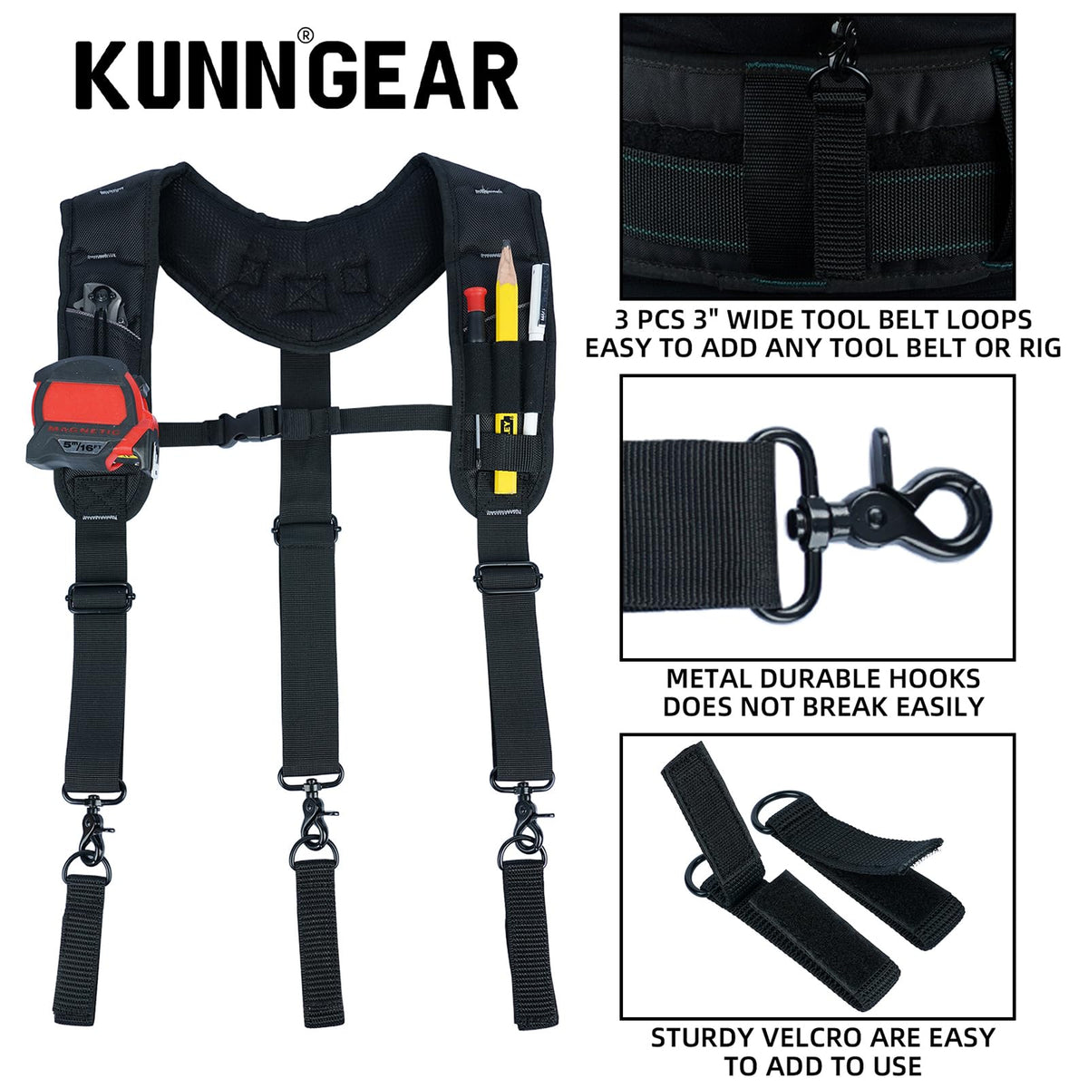 KUNN Tool Belt Suspenders, 3-Points Construction Suspender for Men