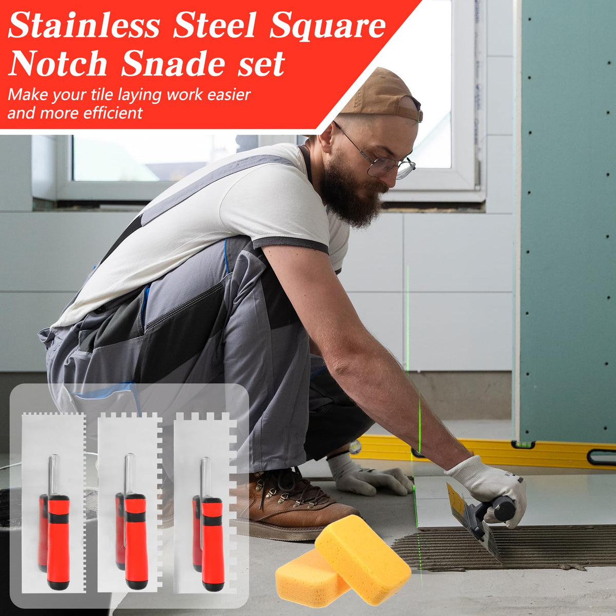 6 Pcs Tile Trowel Tools Set Include 3 Pcs Stainless Steel Square Notch Trowel, 1 Rubber Grout Float and 2 Grout Sponge for Masonry Tiling Tools and Flooring Installation