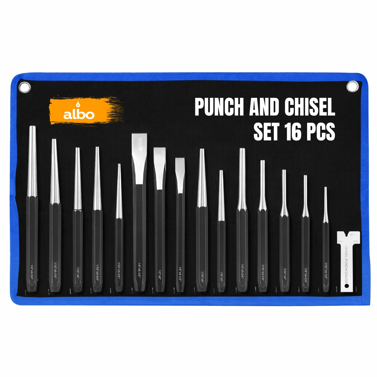 ALBO 16-Piece Punch & Chisel Set, Tapered, Pin & Center Punches, Chisels