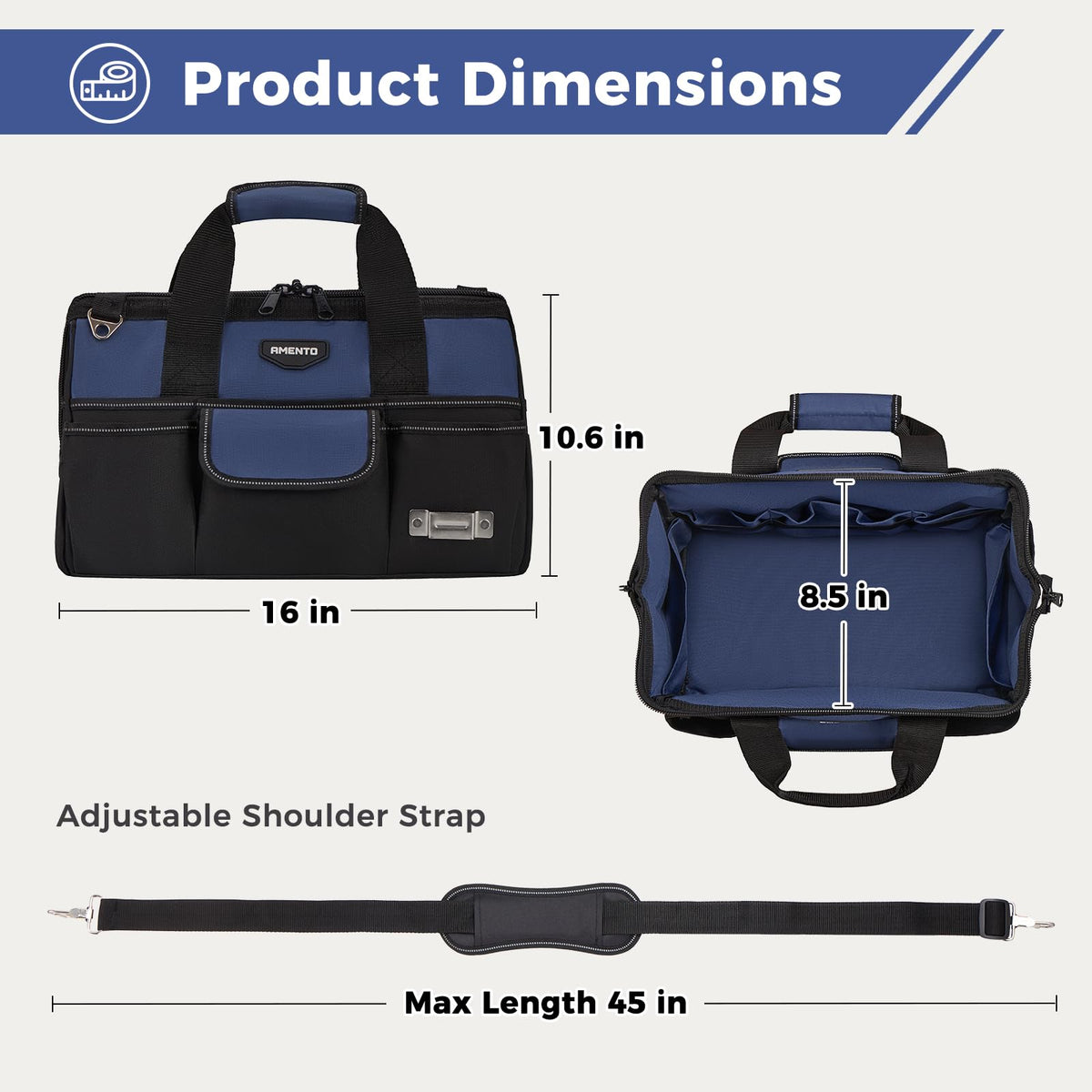 Amento 16-Inch Heavy Duty Tool Bag, 22 Pockets Empty Tool Box Organizer Storage, Soft Large Tote Toolbox Organization Portable Handle Carry Drill Toolbag for Handyman Home DIYer, Dad Men Gifts, Blue