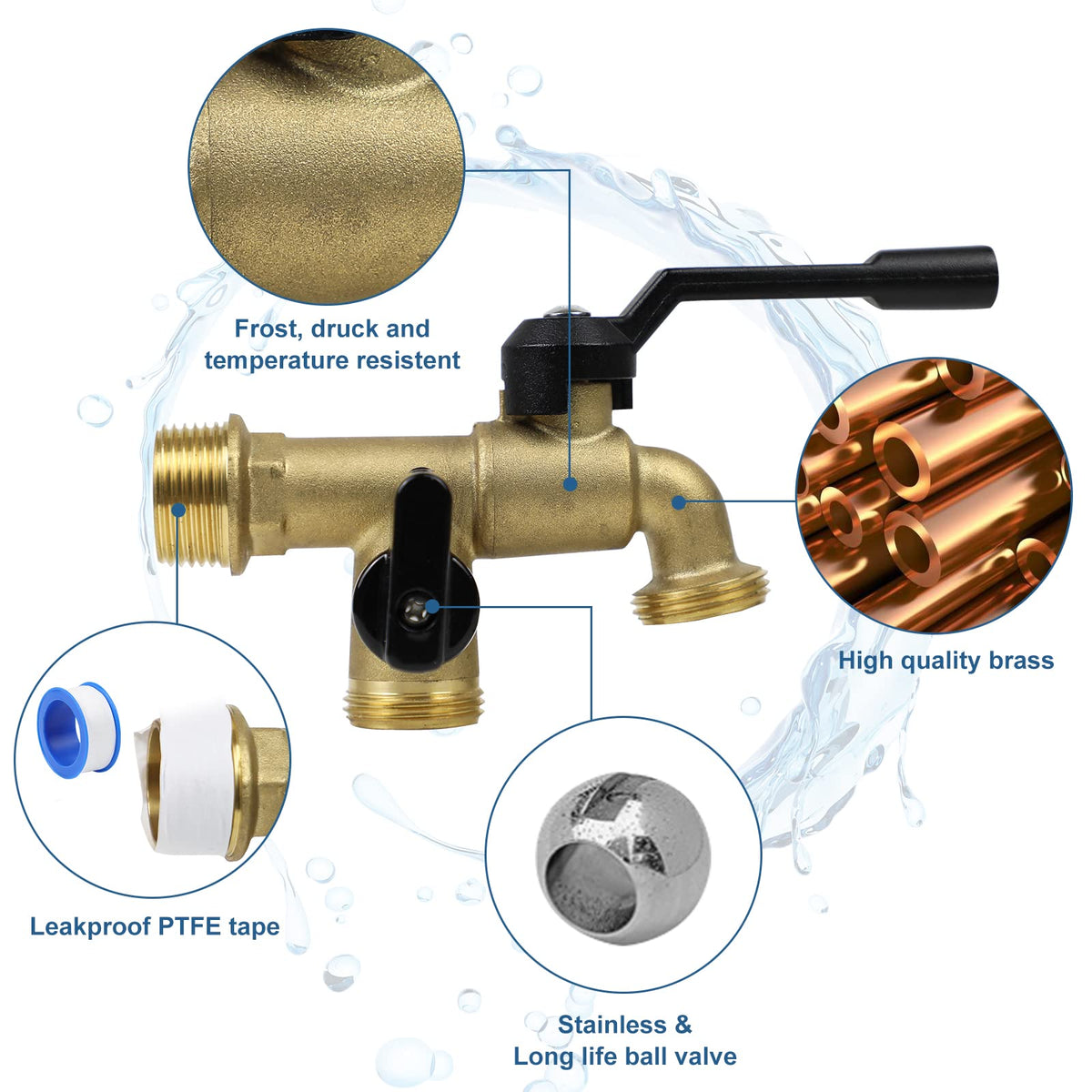 Outdoor Double Taps Water Faucet, Wall Mounted Garden Two 3/4 inch Brass Ball Valves Water Tap Splitter, Frost-Proof Outside Spigot Replacement with 2 Outlets for Home, Balcony, Hose Connector