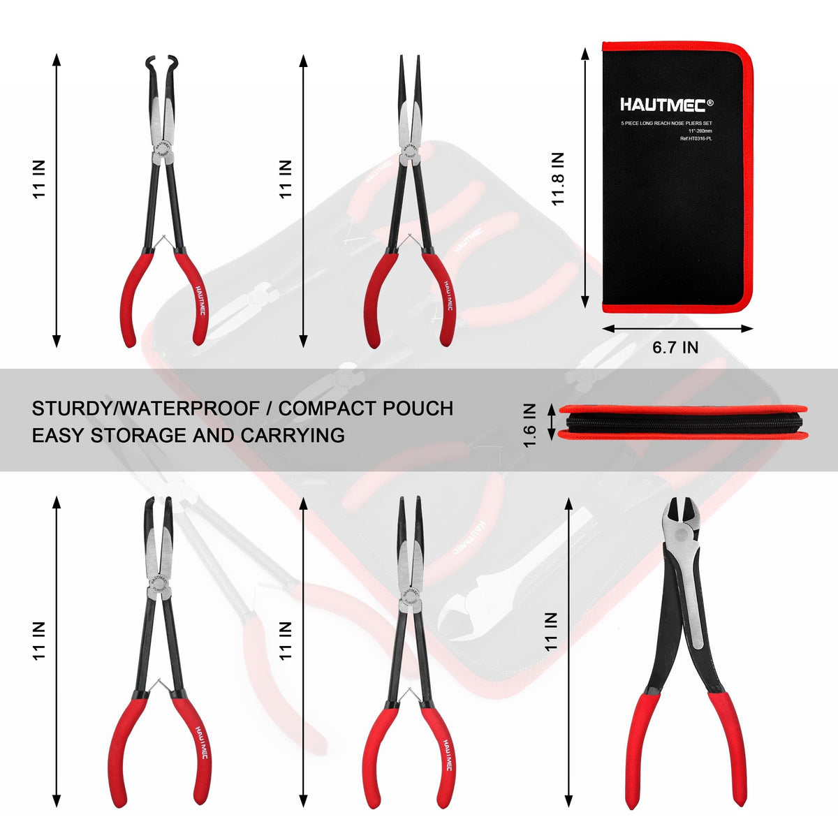HAUTMEC Extra Long Needle Nose Pliers Set, 11PCS Long Reach Pliers Include 6-7" & 11" Straight, Circle Nose, Diagonal, Flat Nose, Bent Nose Plier for Narrow Spaces, Automotive & DIY Repairs