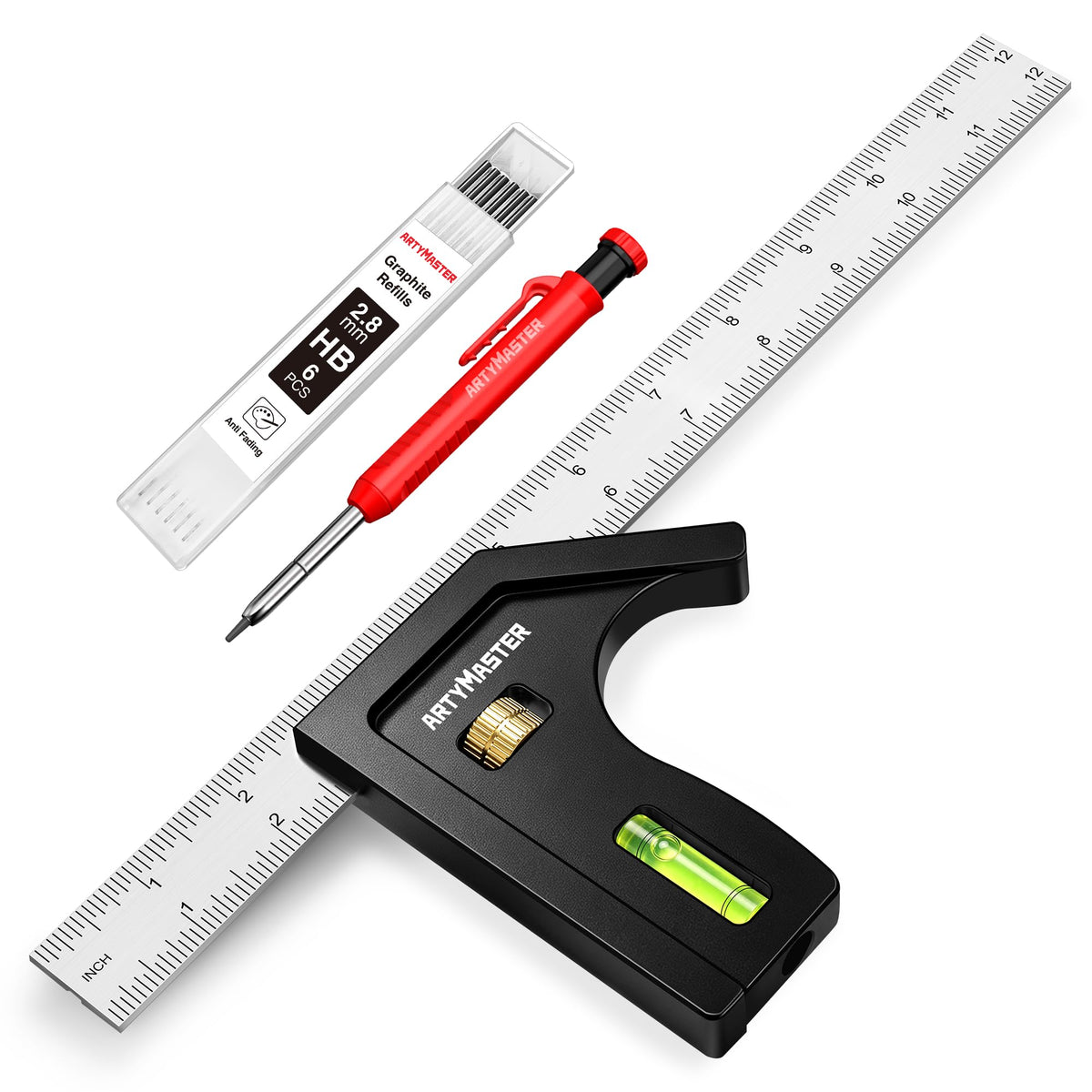 ArtyMaster 12'' Combination Square Adjustable Stainless Steel Layout Tool