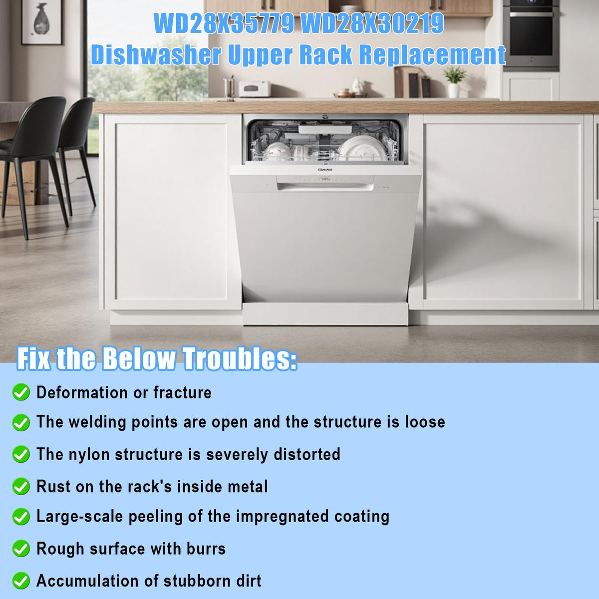Upgraded WD28X30219 WD28X35779 Dishwasher Upper Rack Replacement Compatible with GE Dishwasher Rack Parts Hotpoint Models ADT521PGF0BS ADT521PGF0WS with WD12X22801 Wheels