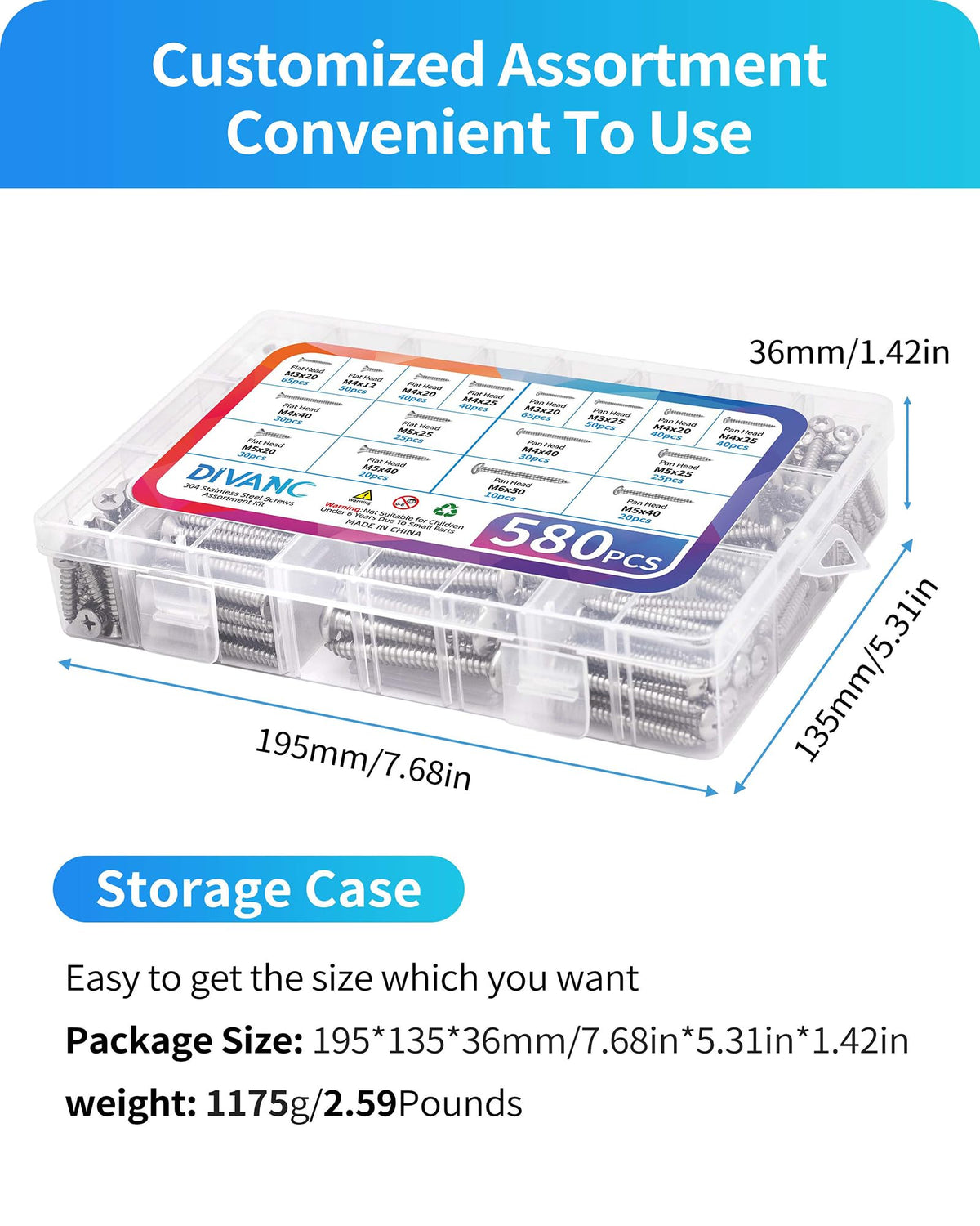DIVANC 580Pcs 304 Stainless Steel Wood Screw Assortment Kit, M3 M4 M5 M6 Phillips Pan Head & Flat Head Sheet Metal Screws Self Tapping Screws Set,16 Sizes Assorted Screw (Silver)