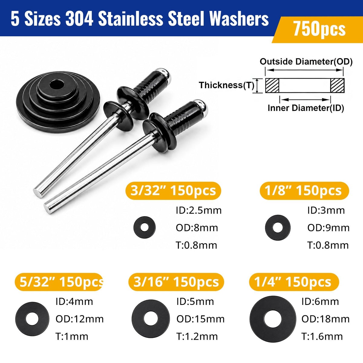2040PCS Aluminum-Steel Pop Rivets and 304 Stainless Steel Washers Assortment Kit,30Sizes(3/32", 1/8",5/32", 3/16", 1/4"), Rivet Kit for Metal, Sheet Metal, Auto Body, DIY Repair & Fabrication,Black