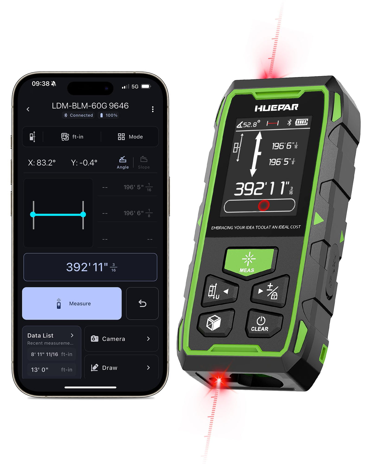 Huepar 2026 Upgraded Dual Laser Distance Meter, 395Ft, Phone App, USB-C